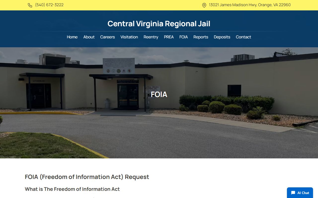 Central Virginia Regional Jail Greene County mugshot FOIA request path