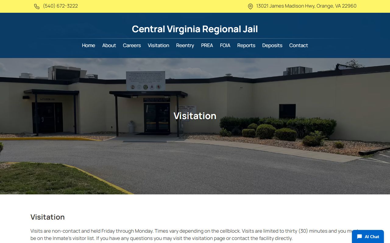 Central Virginia Regional Jail Greene County inmate visitation schedule